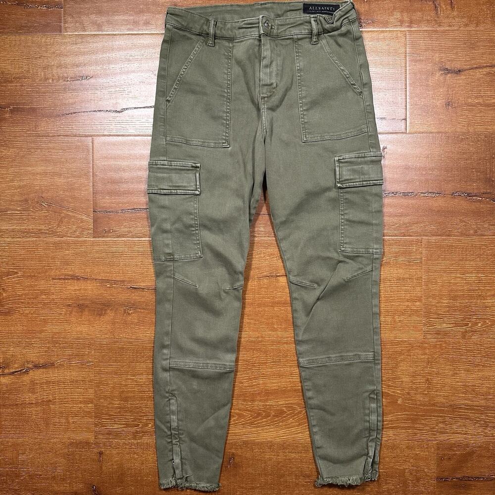 All Saints Duran Cargo Pants Womens 29x26 Green Skinny Ankle Fray Zip Alt Retro